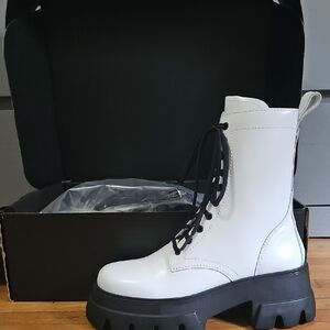Thursday Boot Company White and Black Combat Moto Boots